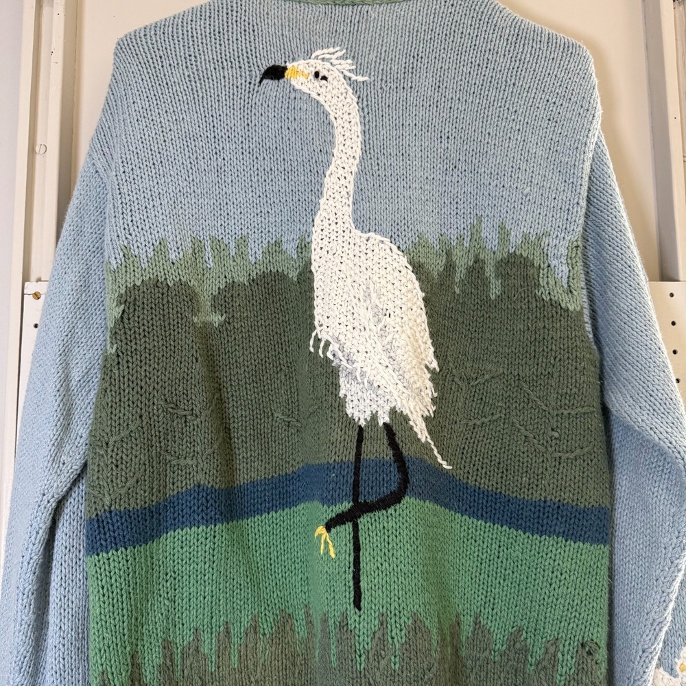 Orvis Cardigan Womens Large Gray Egrets Print Knit Snap Long Sleeve Cozy Sweater - Picture 10 of 14